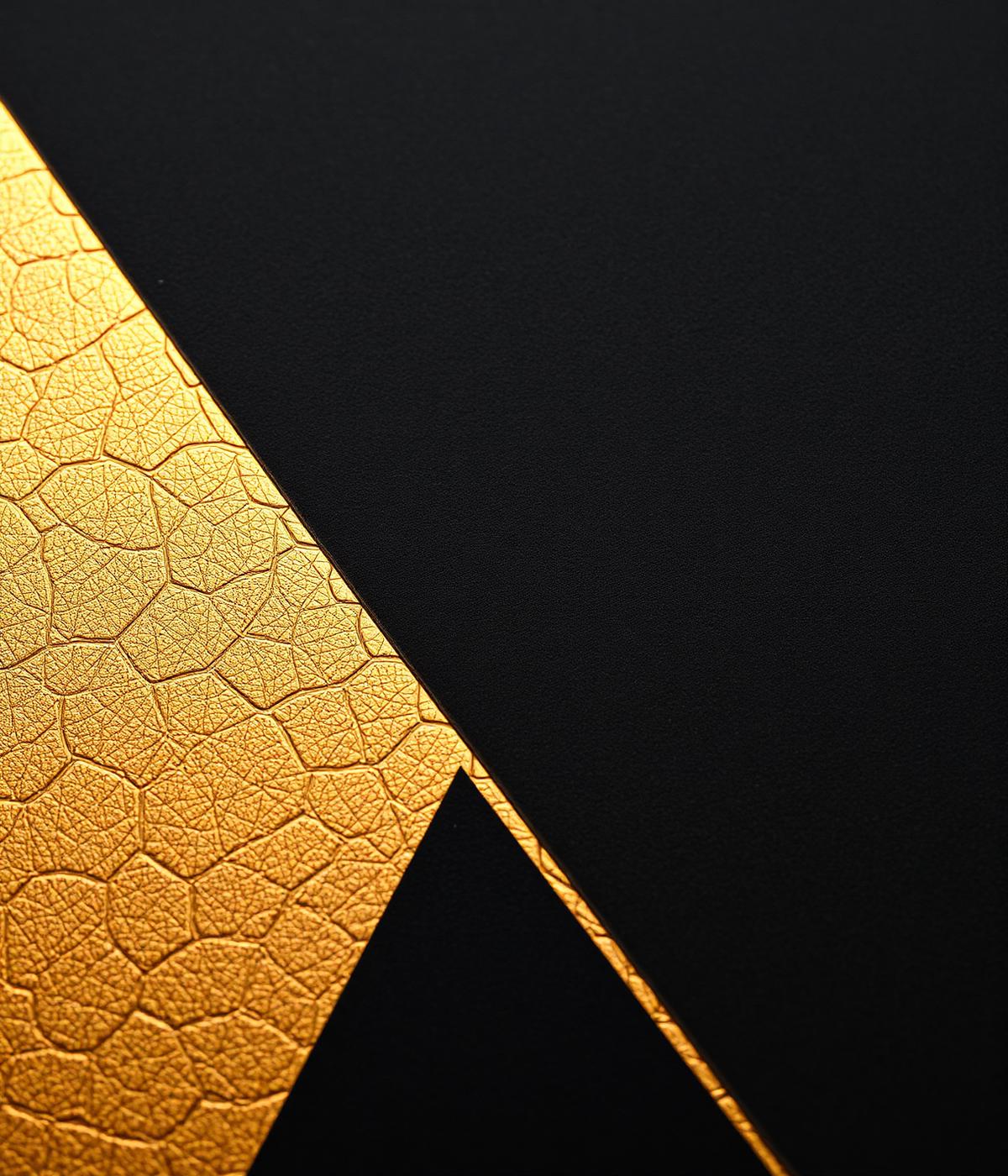 Detalhe de material premium em preto e dourado